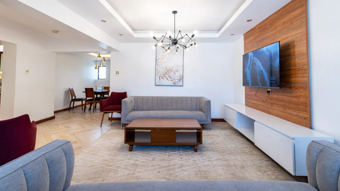 A shared living room with a sofa and a low table